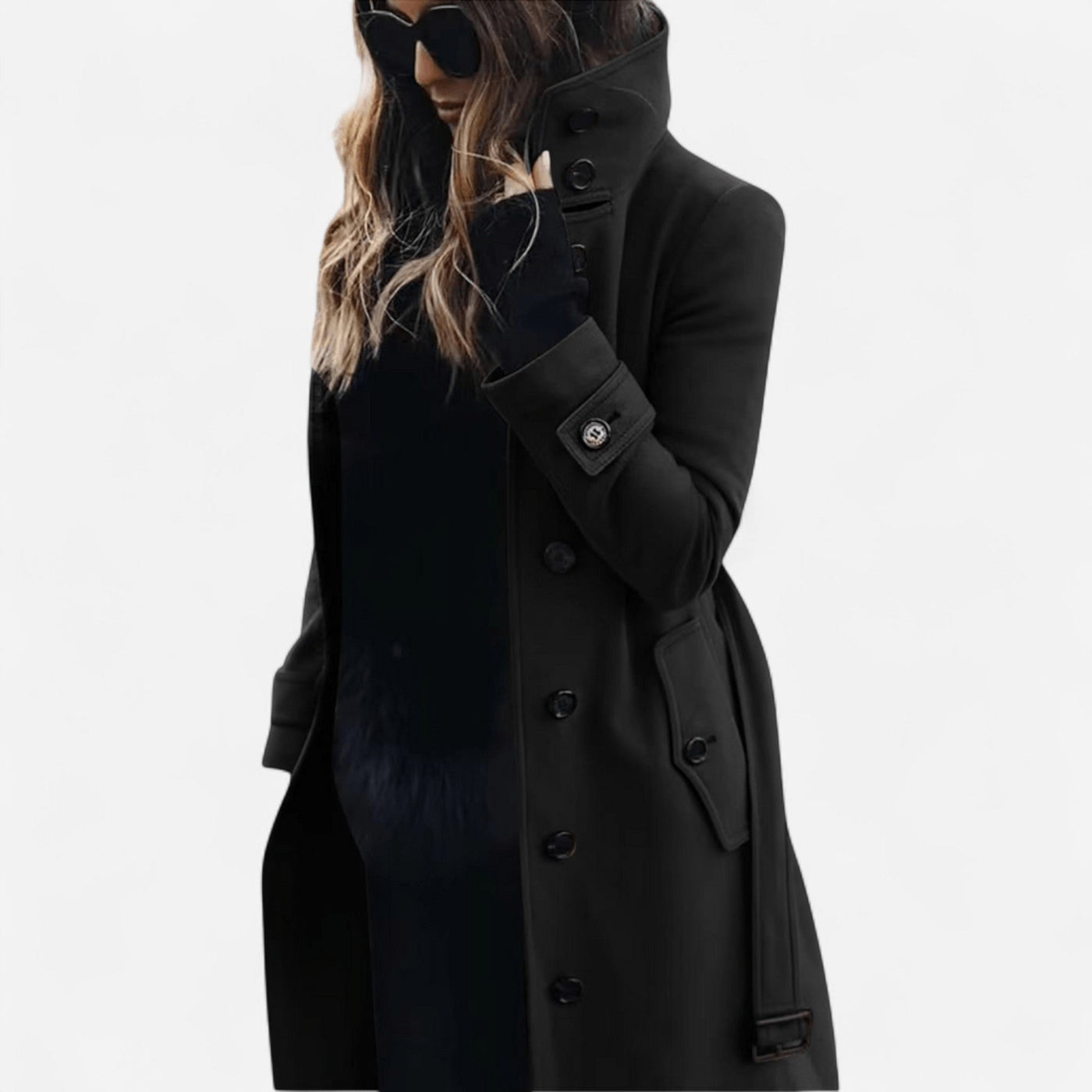 High-Collar Wool Coat – Elegant, Belted & Tailored Casual Style