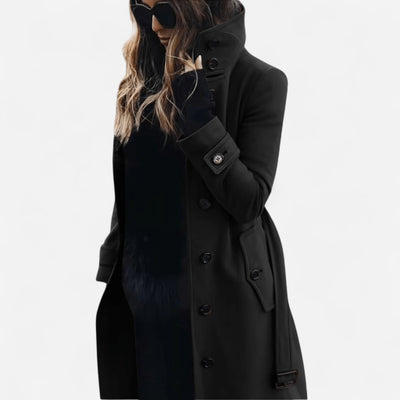 High-Collar Wool Coat – Elegant, Belted & Tailored Casual Style
