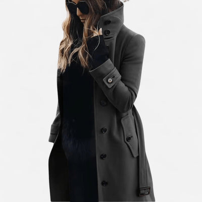 High-Collar Wool Coat – Elegant, Belted & Tailored Casual Style