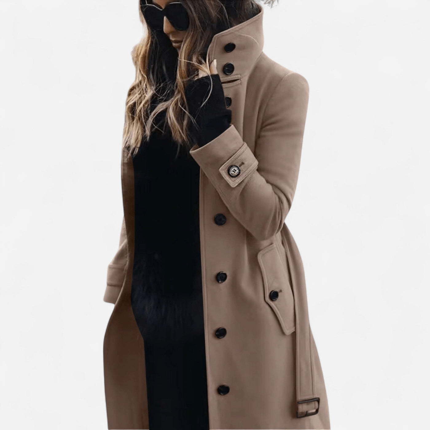 High-Collar Wool Coat – Elegant, Belted & Tailored Casual Style