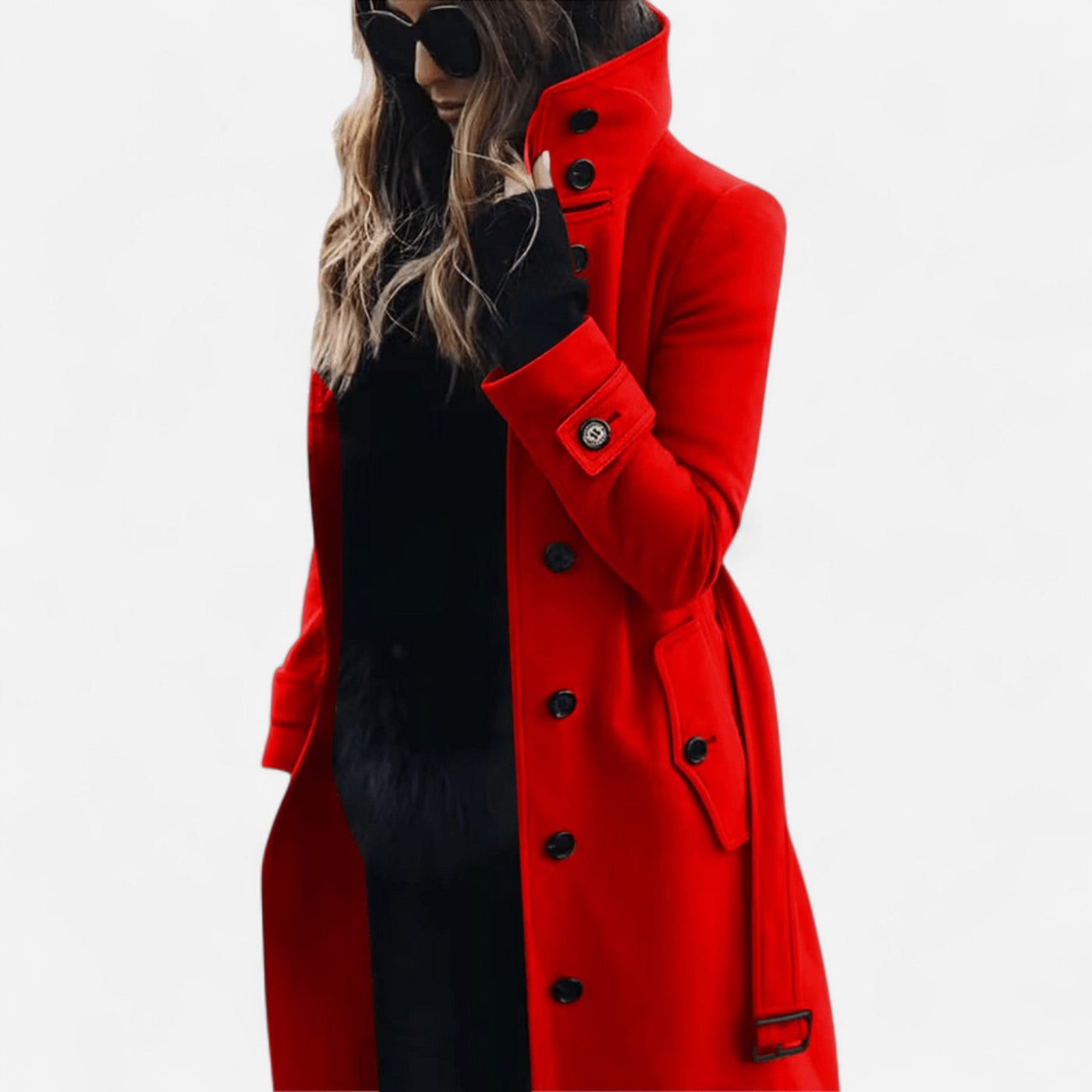 High-Collar Wool Coat – Elegant, Belted & Tailored Casual Style