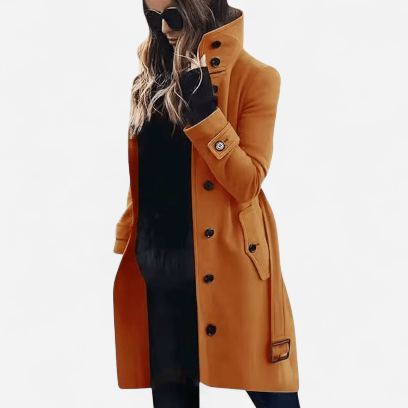 High-Collar Wool Coat – Elegant, Belted & Tailored Casual Style
