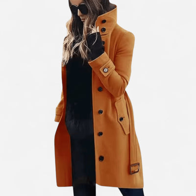High-Collar Wool Coat – Elegant, Belted & Tailored Casual Style