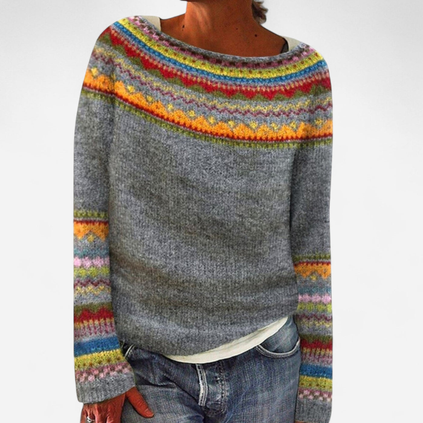 Lena - Retro Autumn Sweater with Boat Neck and Nordic Pattern
