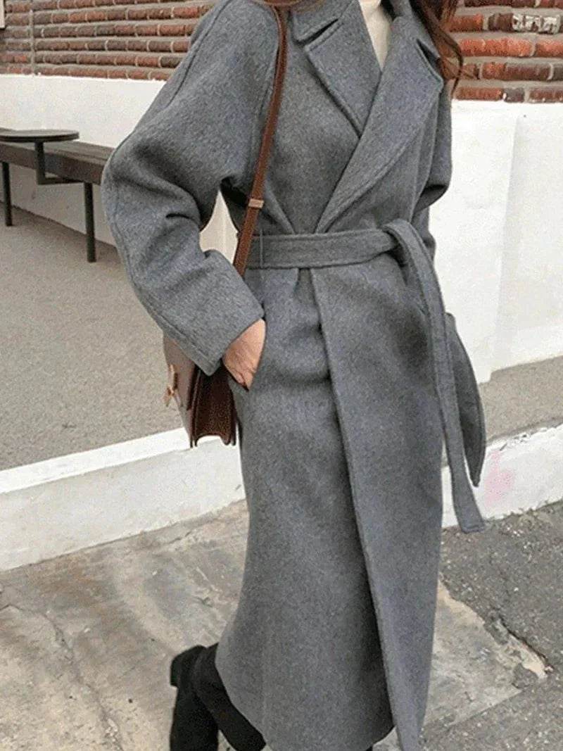 Longline Wool Blend Coat | Belted Wrap Design