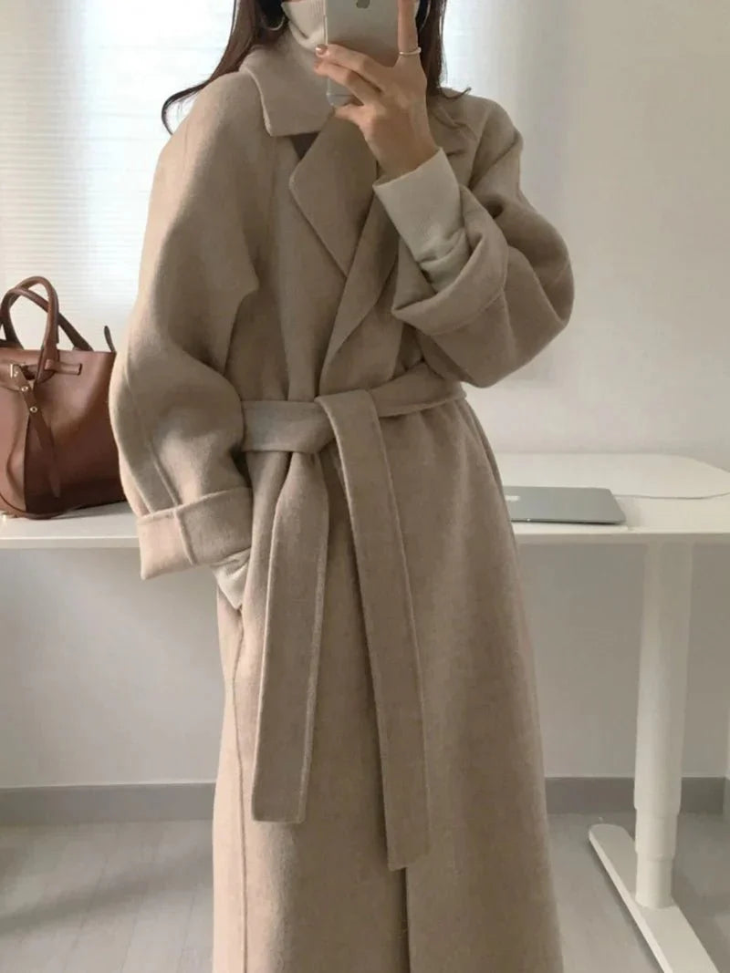 Longline Wool Blend Coat | Belted Wrap Design