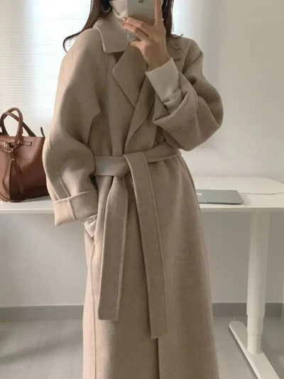 Longline Wool Blend Coat | Belted Wrap Design