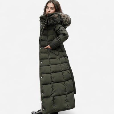 Long Puffer Coat – Faux Fur Hood, Ultra-Warm and Chic for Winter