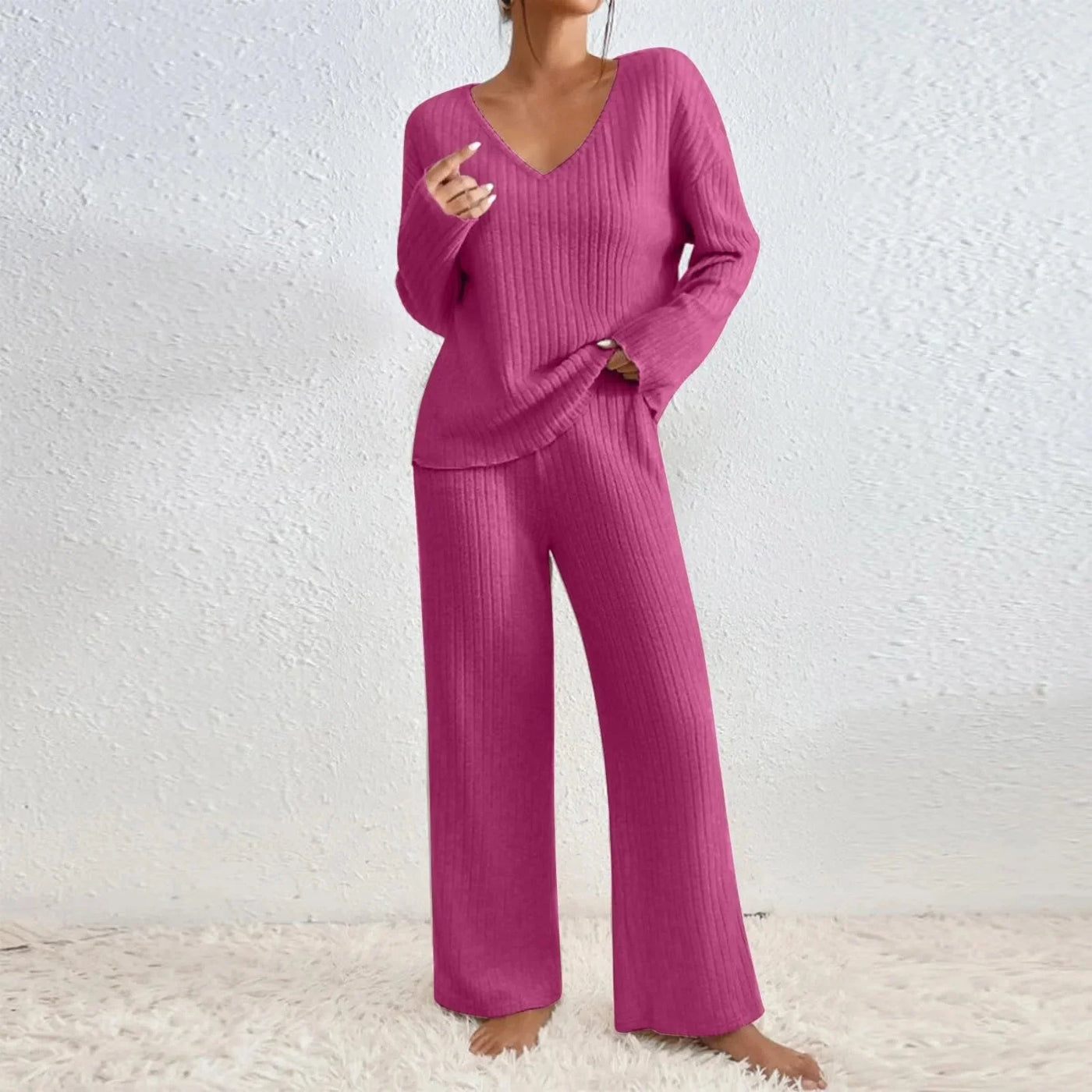 Karen - Ribbed Lounge Set | V-Neck & Wide Leg