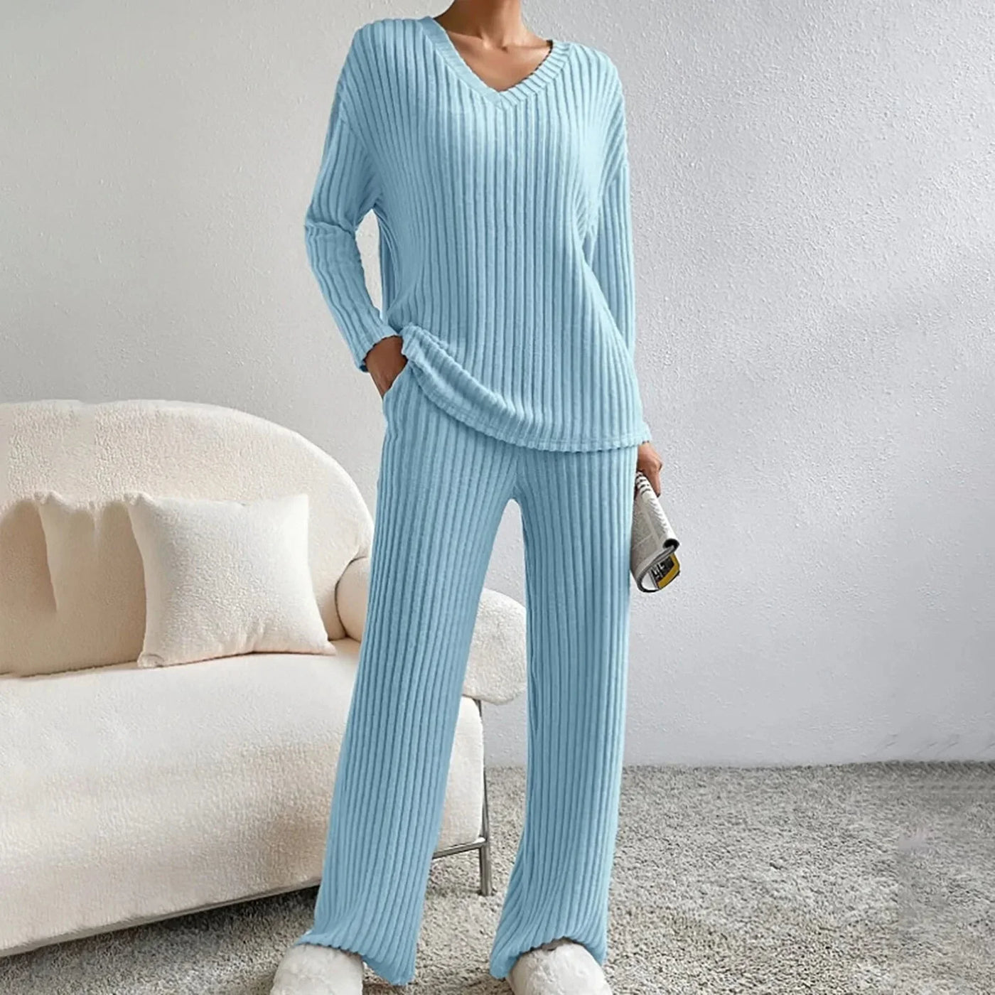Karen - Ribbed Lounge Set | V-Neck & Wide Leg